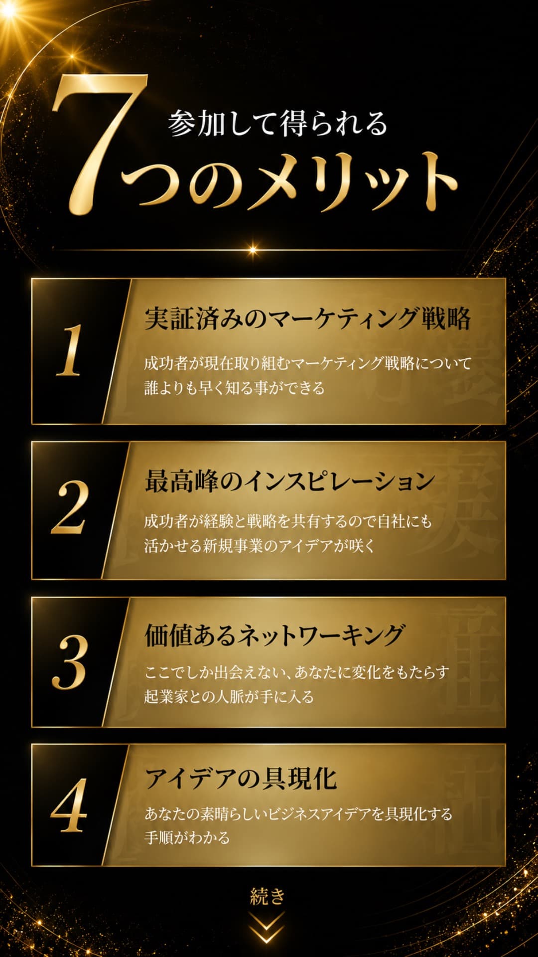 参加して得られる7つのメリット（1.実証済みのマーケティング戦略／2.最高峰のインスピレーション／3.価値あるネットワーキング／4.アイデアの具現化）